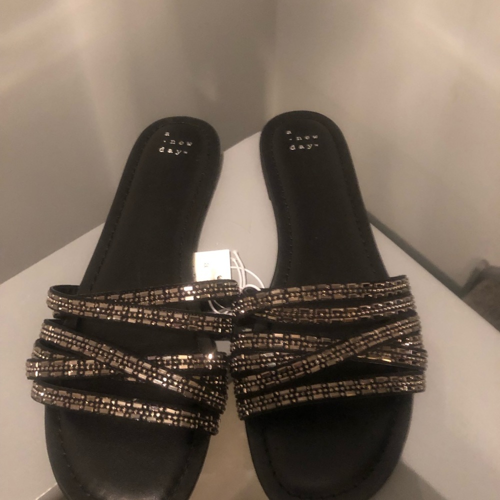 NWT black slide sandals with rhinestones